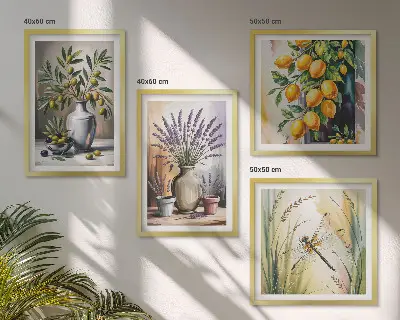 Olijfbloemen in vazen poster set met lijst natuur thema