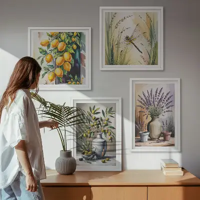 Olijfbloemen in vazen poster set met lijst natuur thema