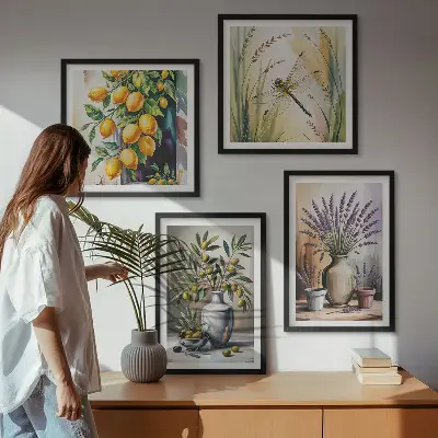 Olijfbloemen in vazen poster set met lijst natuur thema