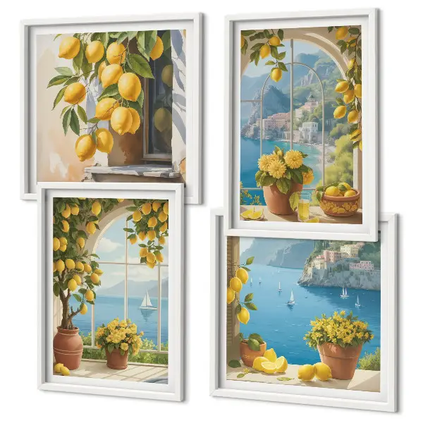 Set van posters met lijst landschappen van de zee, citroenen en ramen
