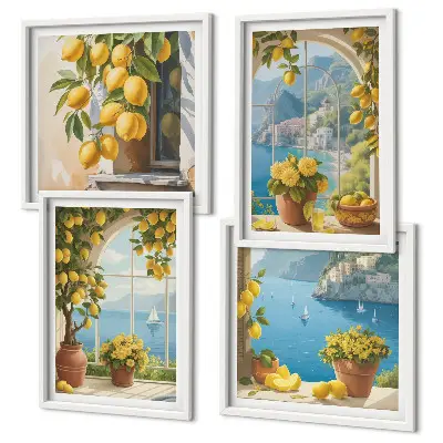 Set van posters met lijst Landschappen van de zee, citroenen, ramen