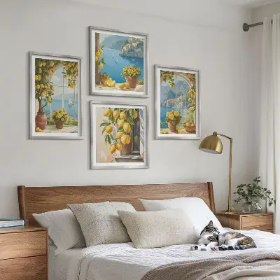 Set van posters met lijst landschappen van de zee, citroenen en ramen