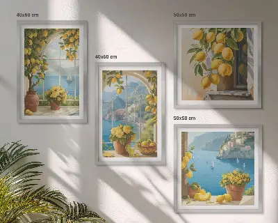 Set van posters met lijst landschappen van de zee, citroenen en ramen