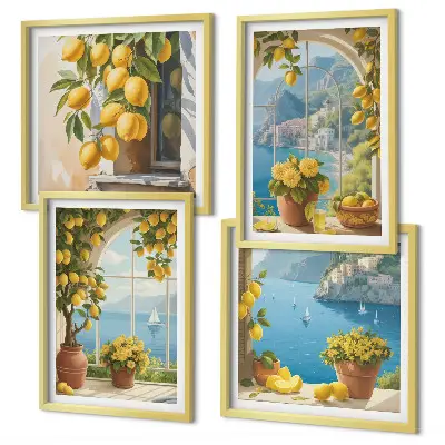 Set van posters met lijst landschappen van de zee, citroenen en ramen