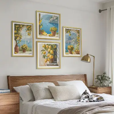 Set van posters met lijst landschappen van de zee, citroenen en ramen