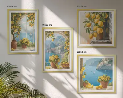 Set van posters met lijst landschappen van de zee, citroenen en ramen