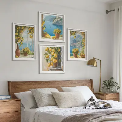 Set van posters met lijst landschappen van de zee, citroenen en ramen