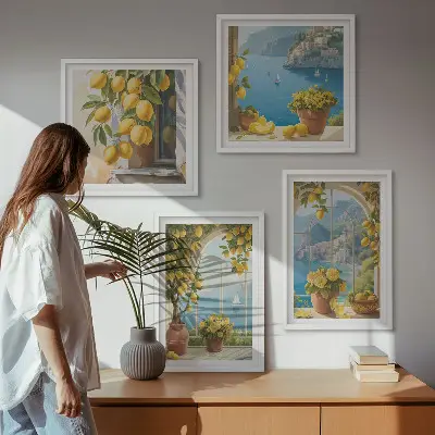Set van posters met lijst landschappen van de zee, citroenen en ramen