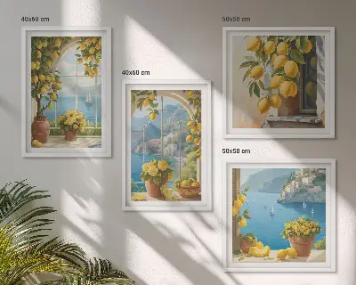 Set van posters met lijst landschappen van de zee, citroenen en ramen