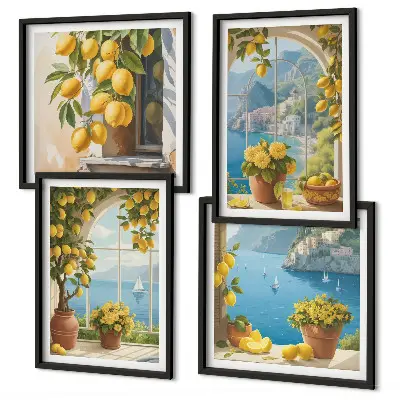 Set van posters met lijst landschappen van de zee, citroenen en ramen