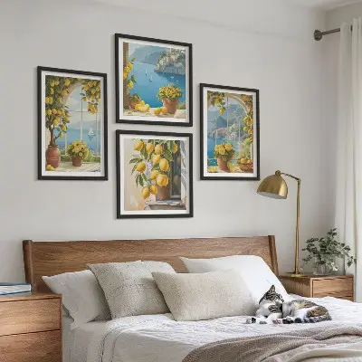 Set van posters met lijst landschappen van de zee, citroenen en ramen