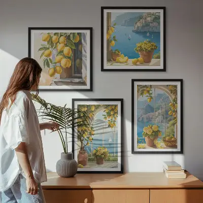 Set van posters met lijst landschappen van de zee, citroenen en ramen