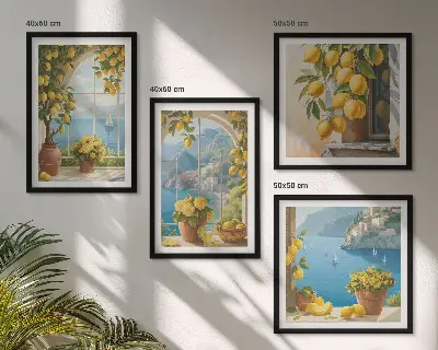 Set van posters met lijst landschappen van de zee, citroenen en ramen