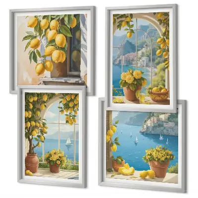 Set van posters met lijst landschappen van de zee, citroenen en ramen