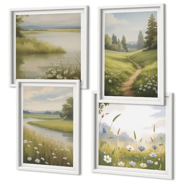 Lentelandschap met rivierweide set van posters met lijst