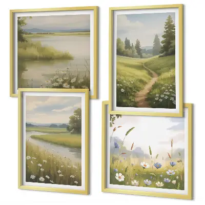Lentelandschap met rivierweide set van posters met lijst