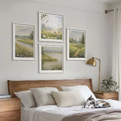 Lentelandschap met rivierweide set van posters met lijst