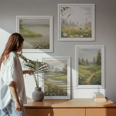 Lentelandschap met rivierweide set van posters met lijst