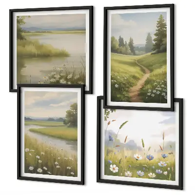 Lentelandschap met rivierweide set van posters met lijst