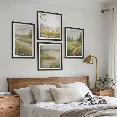 Lentelandschap met rivierweide set van posters met lijst