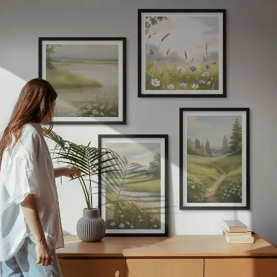 Lentelandschap met rivierweide set van posters met lijst
