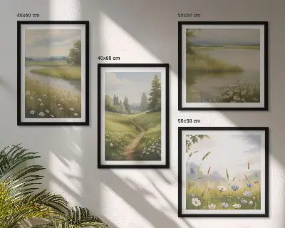 Lentelandschap met rivierweide set van posters met lijst