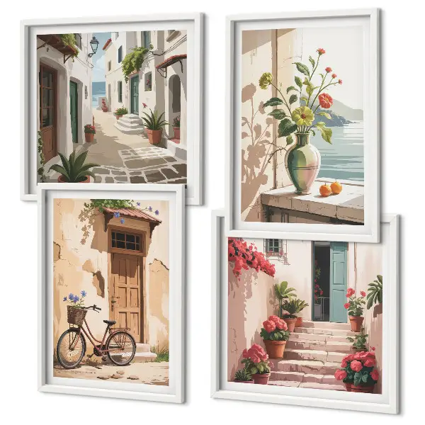 Posterset met lijsten straatbloemen met fiets geschilderd