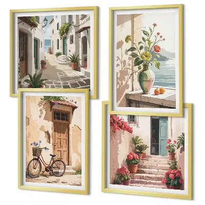 Posterset met lijsten straatbloemen met fiets geschilderd