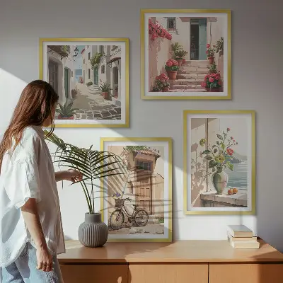 Posterset met lijsten straatbloemen met fiets geschilderd