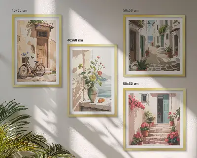 Posterset met lijsten straatbloemen met fiets geschilderd