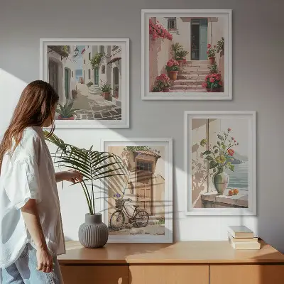Posterset met lijsten straatbloemen met fiets geschilderd