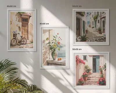 Posterset met lijsten straatbloemen met fiets geschilderd