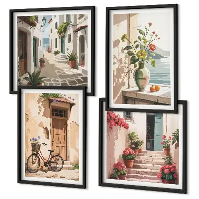 Posterset met lijsten straatbloemen met fiets geschilderd