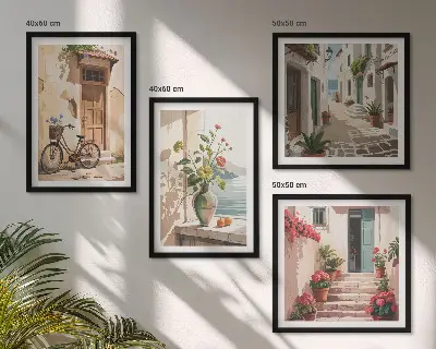 Posterset met lijsten straatbloemen met fiets geschilderd