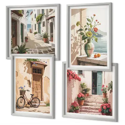 Posterset met lijsten straatbloemen met fiets geschilderd