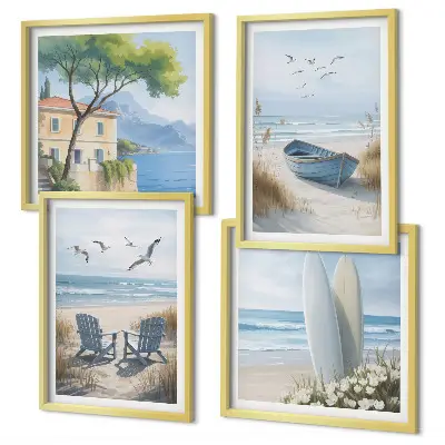 Strandplanken met surfboot en vogels meerluik in lijst