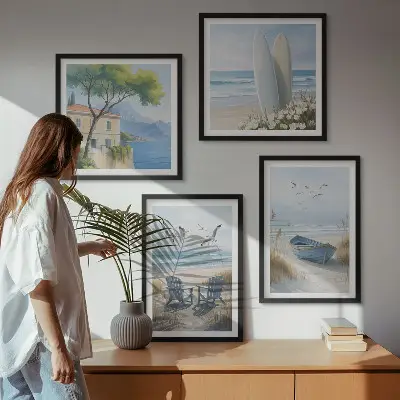 Strandplanken met surfboot en vogels meerluik in lijst