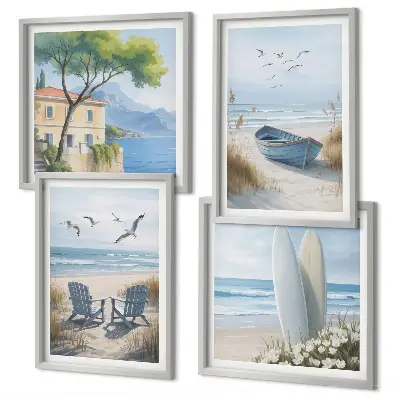 Strandplanken met surfboot en vogels meerluik in lijst