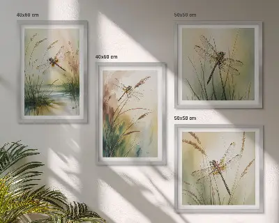 Meerluik in lijst libellen met gras in waterverfschilderijstijl