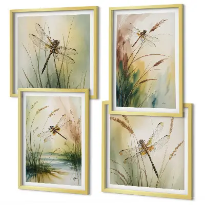 Meerluik in lijst libellen met gras in waterverfschilderijstijl