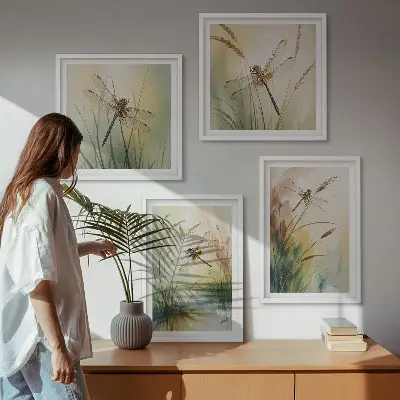 Meerluik in lijst libellen met gras in waterverfschilderijstijl