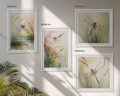 Meerluik in lijst libellen met gras in waterverfschilderijstijl