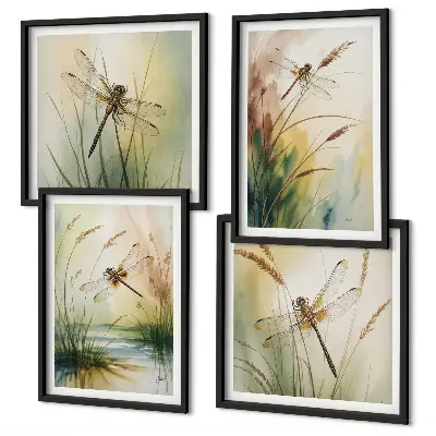 Meerluik in lijst libellen met gras in waterverfschilderijstijl