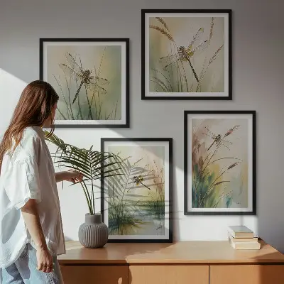 Meerluik in lijst libellen met gras in waterverfschilderijstijl