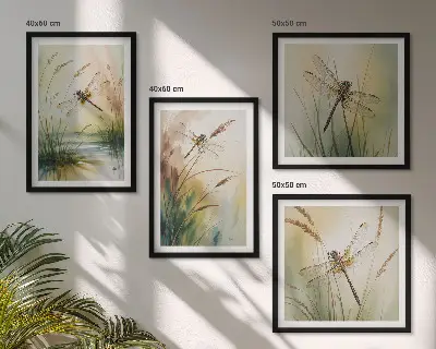 Meerluik in lijst libellen met gras in waterverfschilderijstijl
