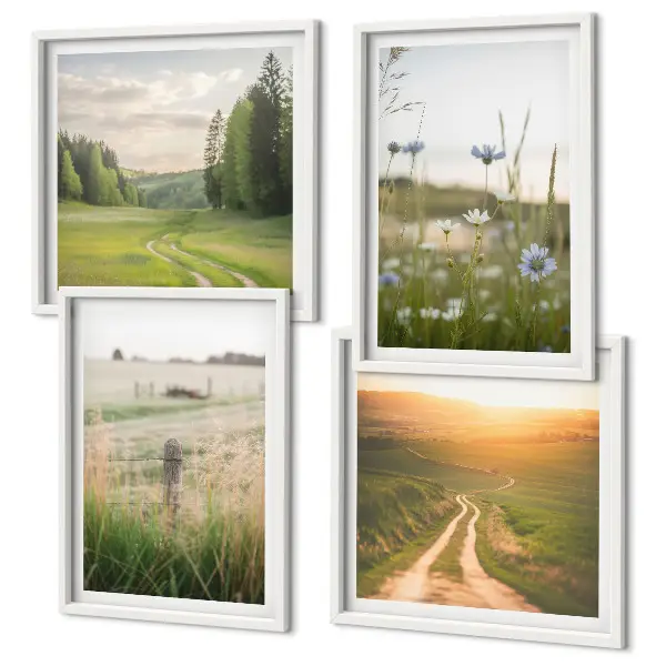 Landschappen met natuur en velden bij zonsondergang meerluik in lijst
