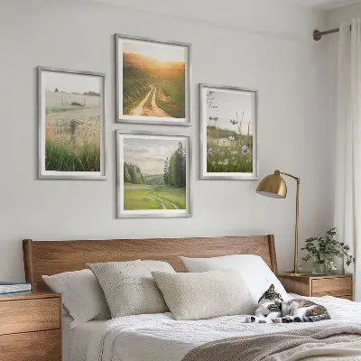 Landschappen met natuur en velden bij zonsondergang meerluik in lijst
