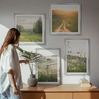Landschappen met natuur en velden bij zonsondergang meerluik in lijst