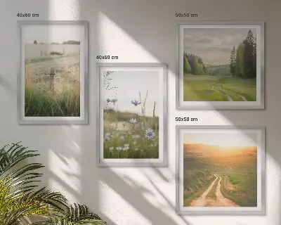 Landschappen met natuur en velden bij zonsondergang meerluik in lijst
