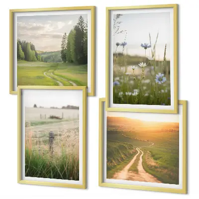 Landschappen met natuur en velden bij zonsondergang meerluik in lijst
